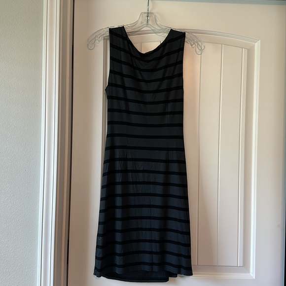 Loft size Small Black/Grey Striped Cowl Neck Jersey Dress with side ruching - Picture 2 of 4